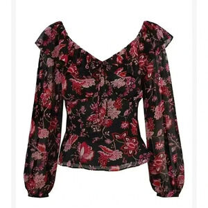 Jessica Simpson Blouse Top Large Sheer Floral Long‎ Sleeve Lined